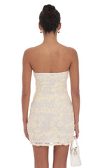 Textured Floral Strapless Dress in Cream