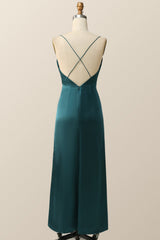 Straps Dark Green Satin Pleated Long Bridesmaid Dress