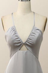 Straps V Neck Grey Boho Long Bridesmaid Dress