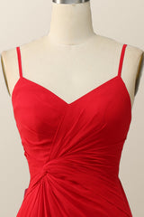 Straps Red Twisted Chiffon Long Bridesmaid Dress