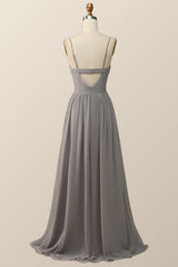 Straps Grey Chiffon A-line Long Bridesmaid Dress