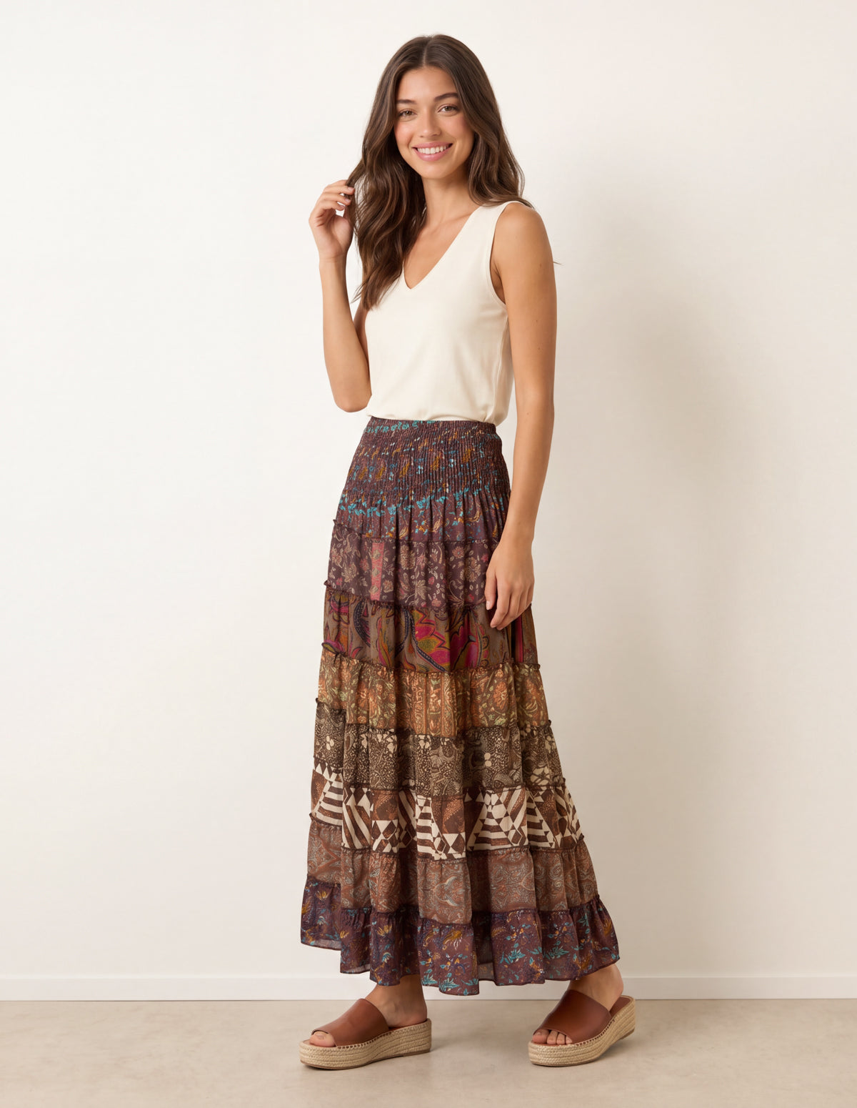 Multi Print Shirred Skirt