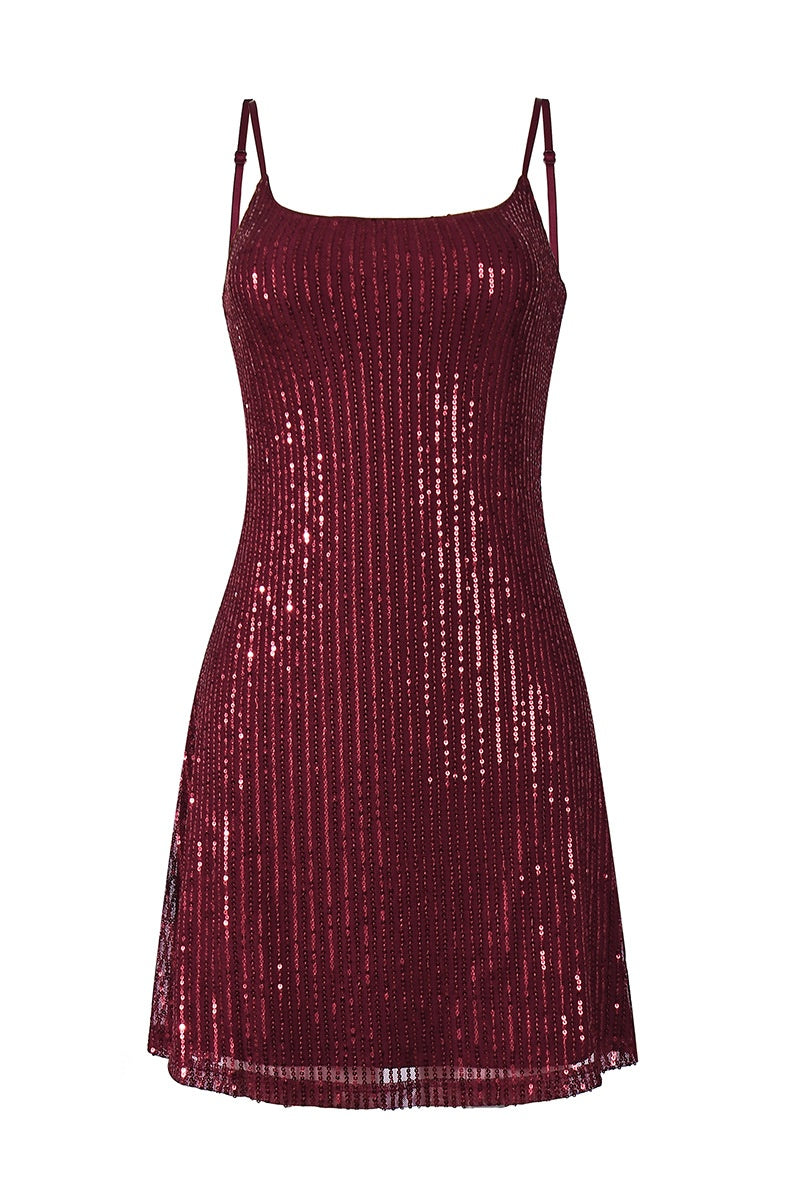 Straps Burgundy Sequin A-line Short Dress
