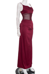 Straps Burgundy Sheer Draped Long Dress
