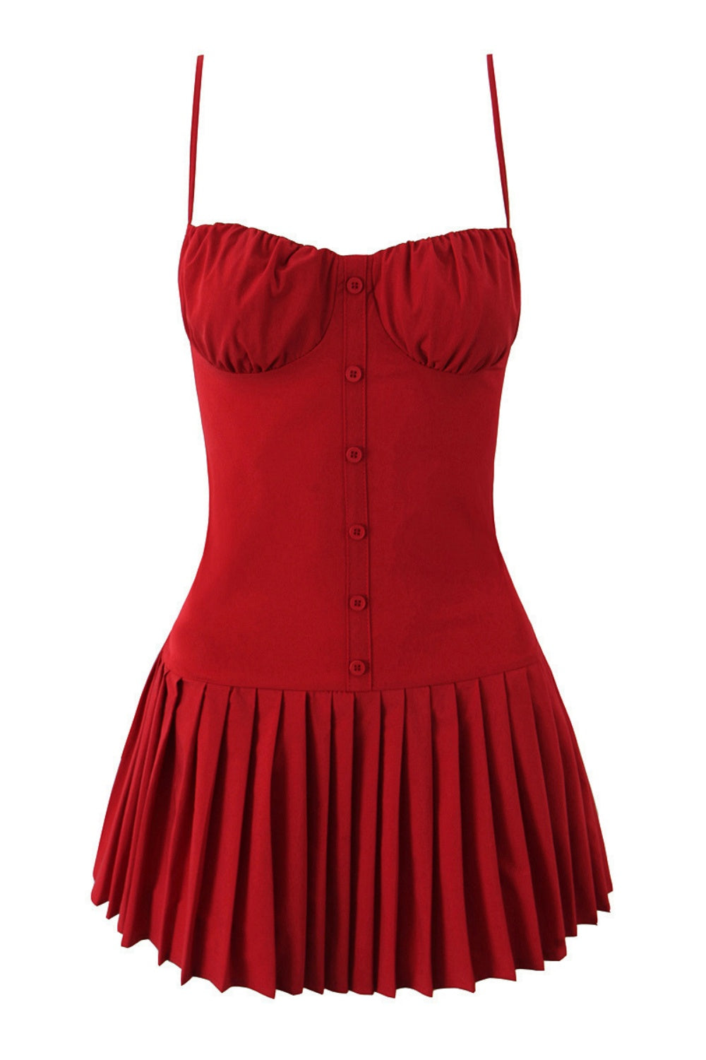Red Spaghetti Strap Button Ruffle Skirt