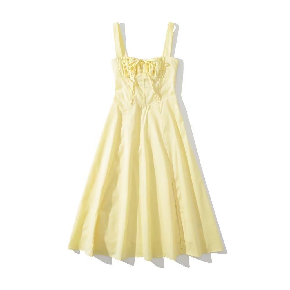 Yellow Ruched Neck Bow Short Party Dress