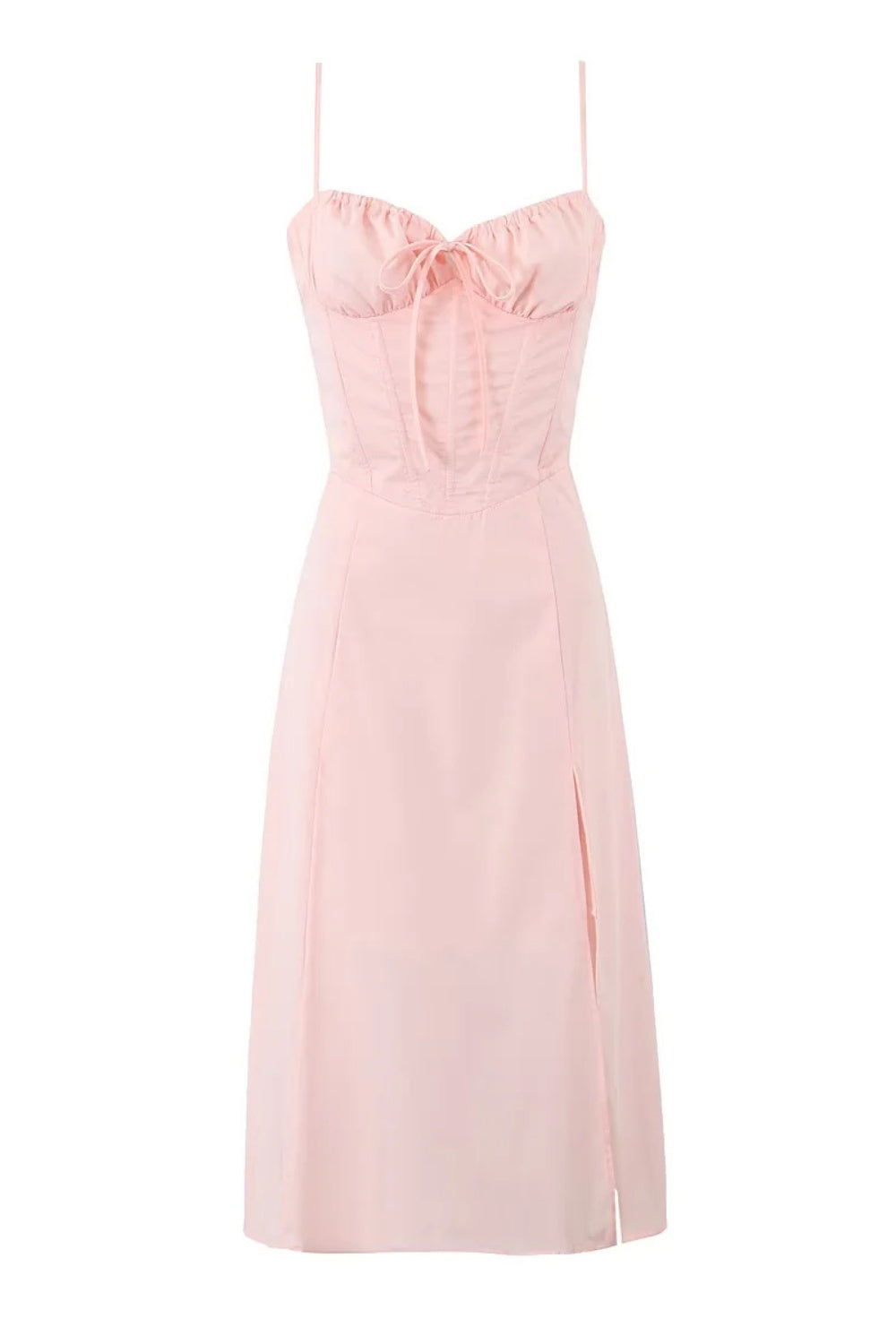 Pink Spaghetti Strap Bow Long Summer Dress with Slit