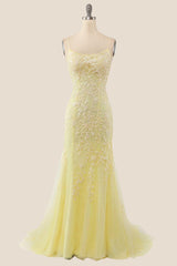 Yellow Mermaid Lace Appliques Long Formal Dress