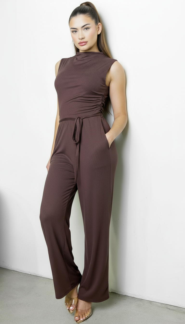 Cael Ribbed Mock Neck Jumpsuit - Brown