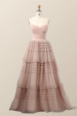 Straps Blush Tulle Tiered Long Formal Dress