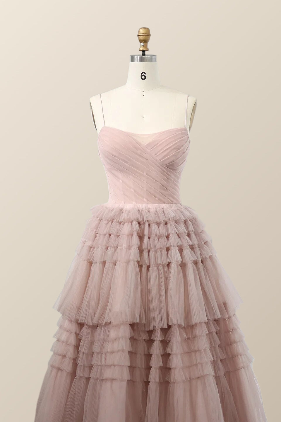 Straps Blush Tulle Tiered Long Formal Dress