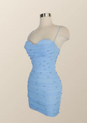 Straps Blue Tight Mini Dress with Pearls
