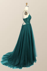 Straps Green Appliques Tulle Long Formal Dress