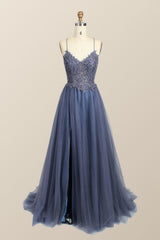 Straps Green Appliques Tulle Long Formal Dress