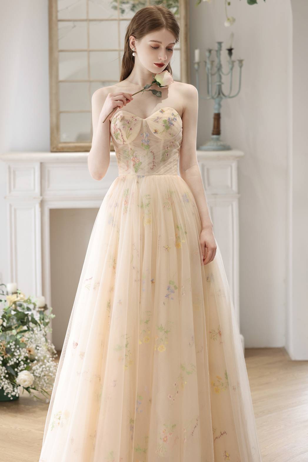 Sweetheart Champagne Floral Corset Long Prom Dress