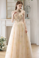 Sweetheart Champagne Floral Corset Long Prom Dress
