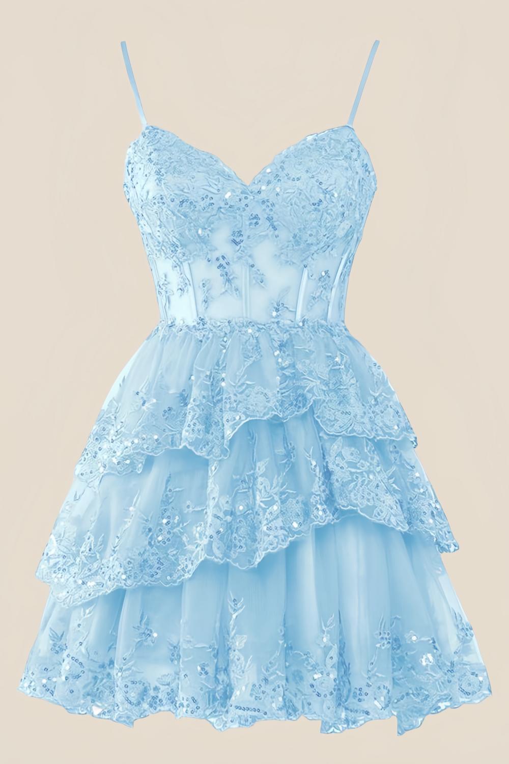 Straps Light Blue Tiered Layered Short Princess Dress