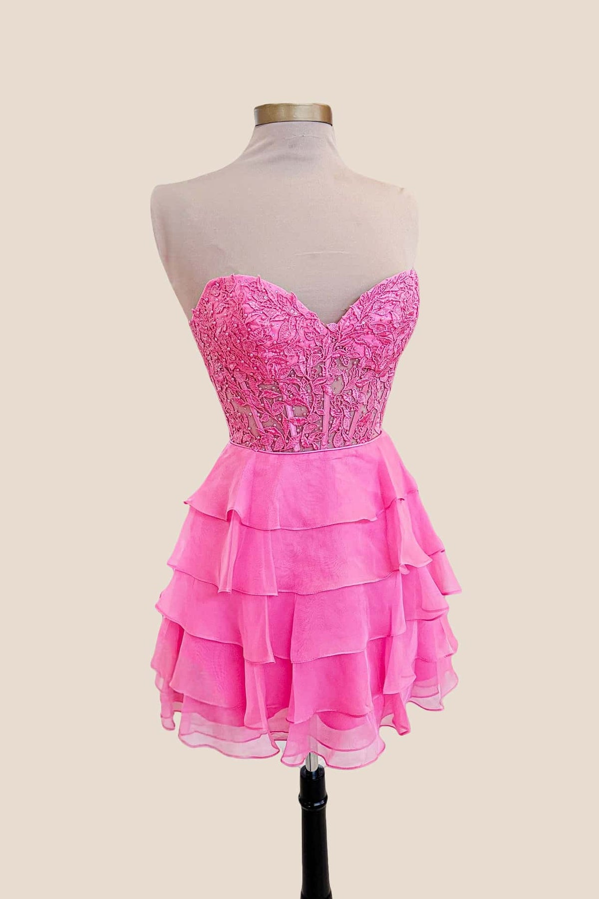 Sweetheart Hot Pink Appliques Tiered Short Dress