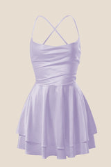 Straps Lavender Satin A-line Short Dress