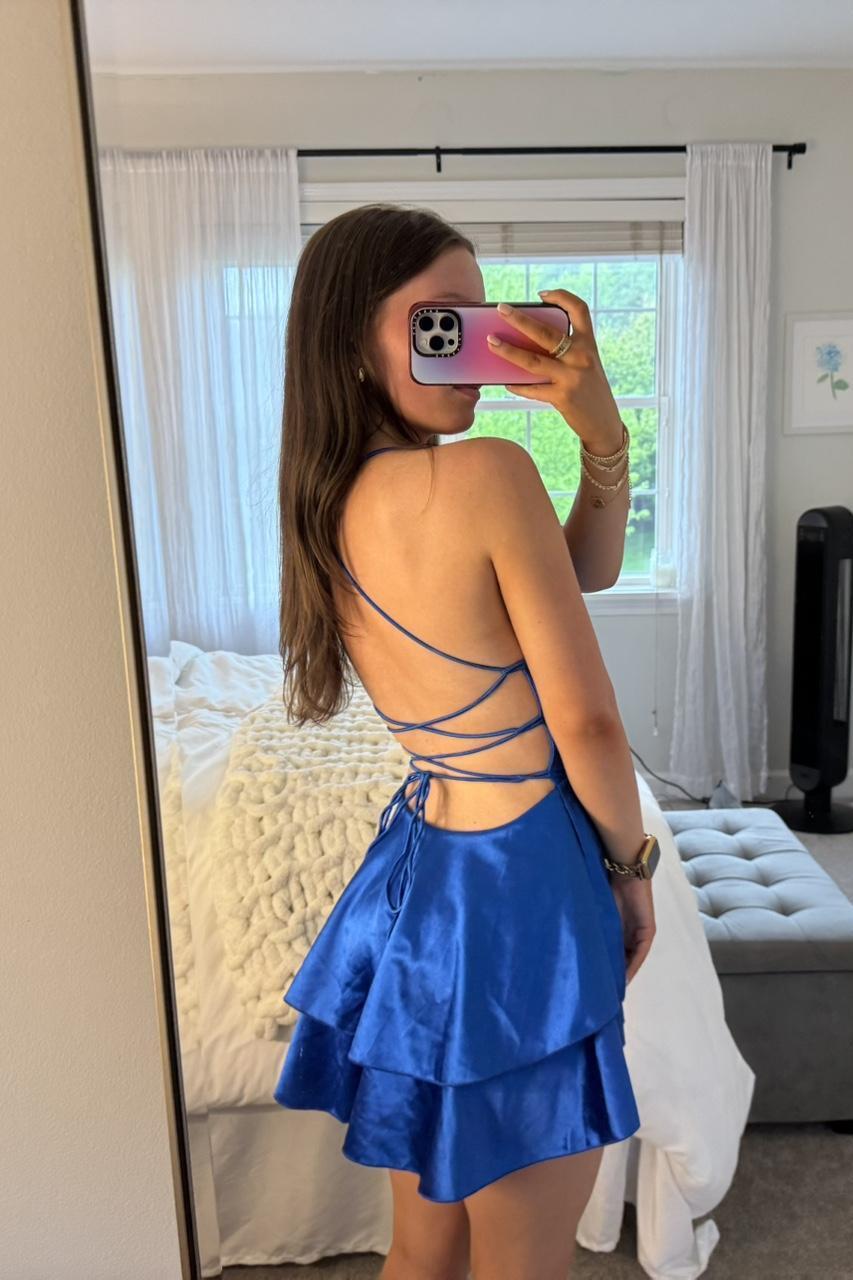Straps Royal Blue Satin A-line Short Dress