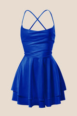 Straps Royal Blue Satin A-line Short Dress