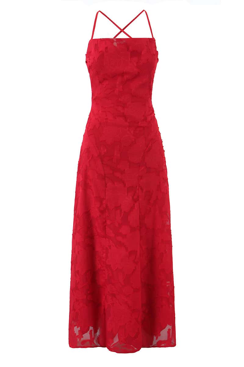 Spaghetti Straps Red Lace Long Dress