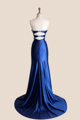 Plunge Navy Blue Ruched Slit Long Formal Dress