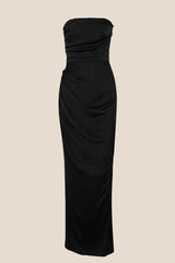 Strapless Black Ruched Long Dress with Slit