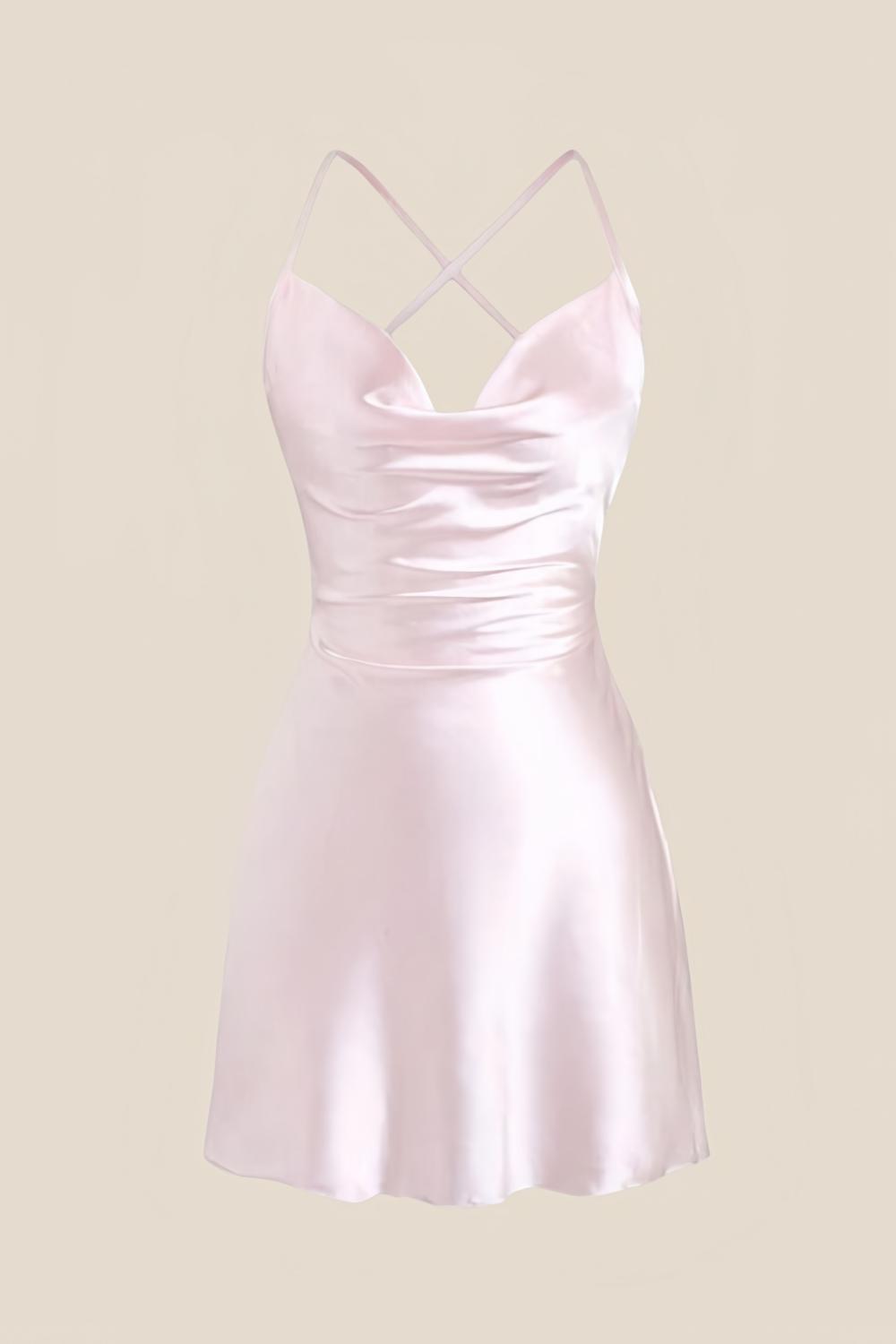 Straps Pink Satin Cowl Neck Mini Dress