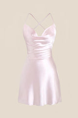 Straps Light Blue Satin Cowl Neck Mini Dress
