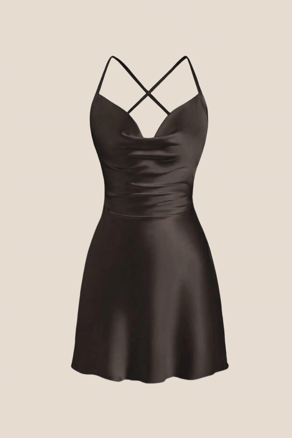 Straps Black Satin Cowl Neck Mini Dress