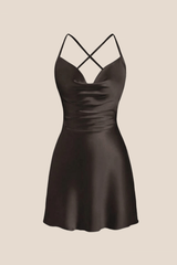Straps Black Satin Cowl Neck Mini Dress