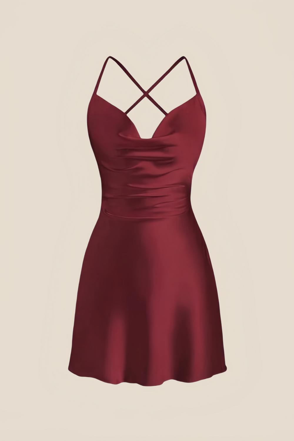 Straps Burgundy Satin Cowl Neck Mini Dress