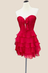 Strapless Red Chiffon Bow Ruffle Short Dress