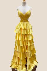 Straps Yellow Cutouts Ruffle Long Formal Dress
