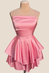 Straps Pink Satin A-line Short Princess Dress