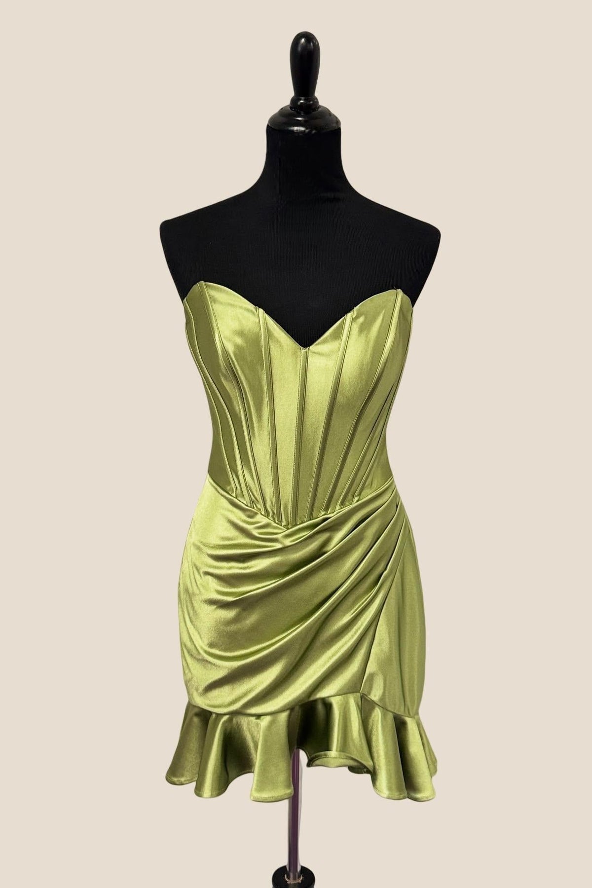 Strapless Short Green Ruched Ruffle Dress