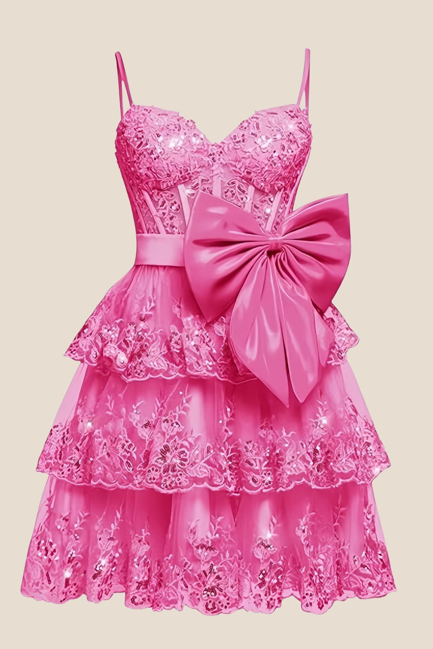 Straps Green Appliques Tiered Short Dress with Bow