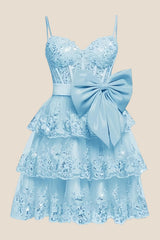 Straps Green Appliques Tiered Short Dress with Bow