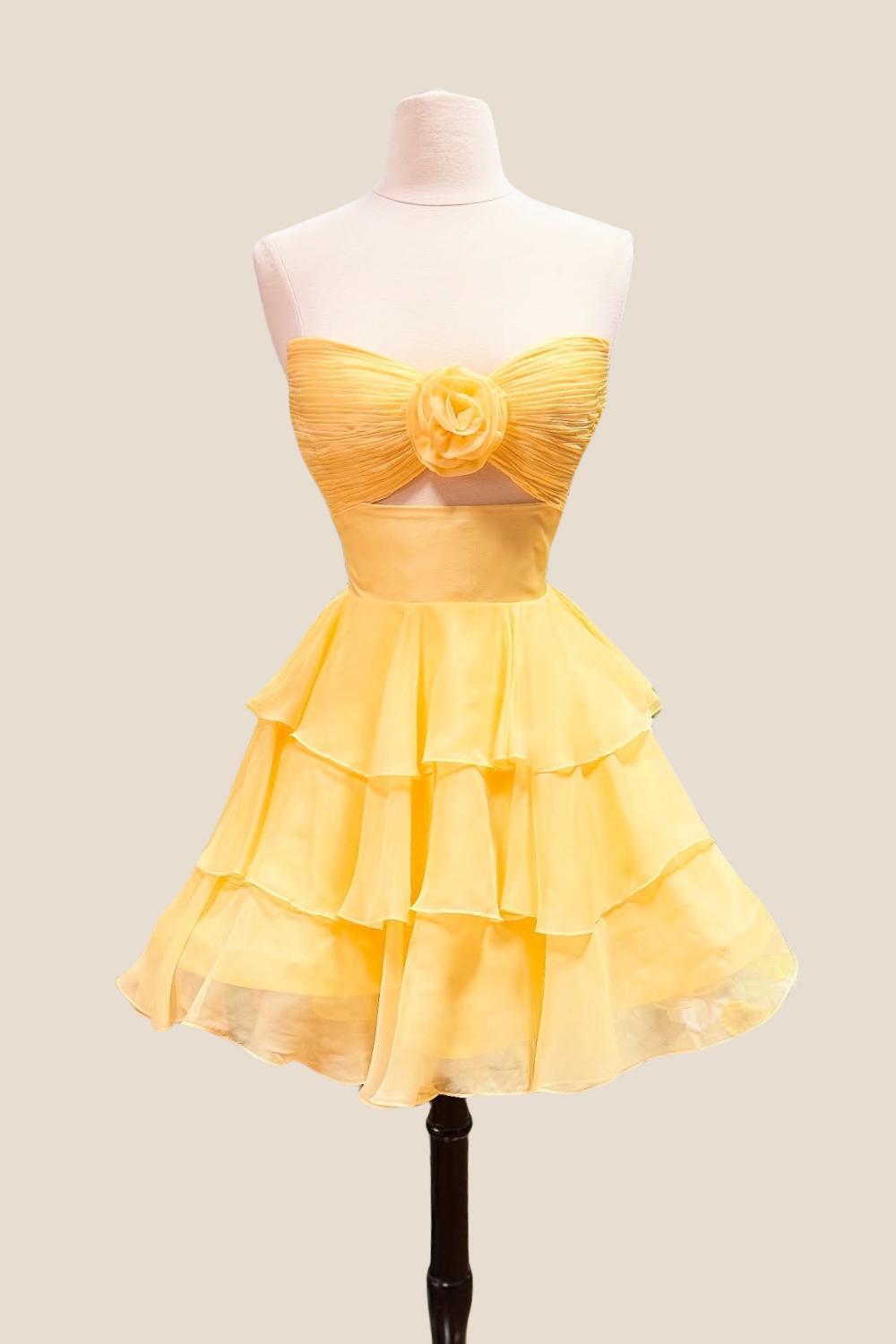 Strapless Yellow Pleated Tiered Short Dress with Rosette