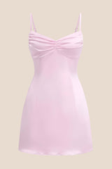 Straps Pink Ruched Satin Short Dress