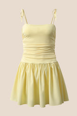 Tie Shoulder Yellow A-line Short Dress