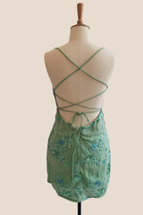 Straps Green Sequin Fitted Short Dress
