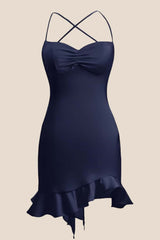 Straps Navy Blue Ruched Ruffle Fitted Dress