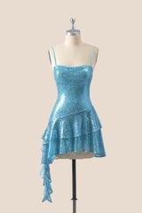 Straps Blue Sequin Ruffle A-line Short Dress