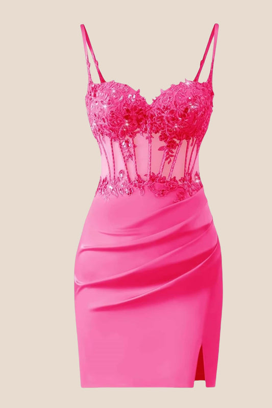 Straps Hot Pink Appliques Ruched Tight Dress