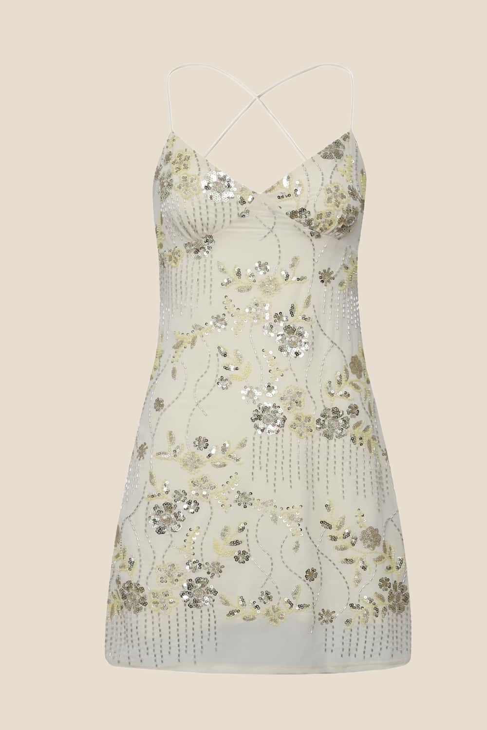 Yellow Beaded Straps Fitted Short Dress