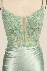 Straps Sage Appliques Ruched Fitted Dress
