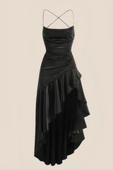 Straps Red Satin Ruffle Slit Party Dress