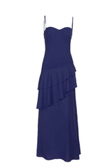 Straps Navy Blue Chiffon Tiered Maxi Dress